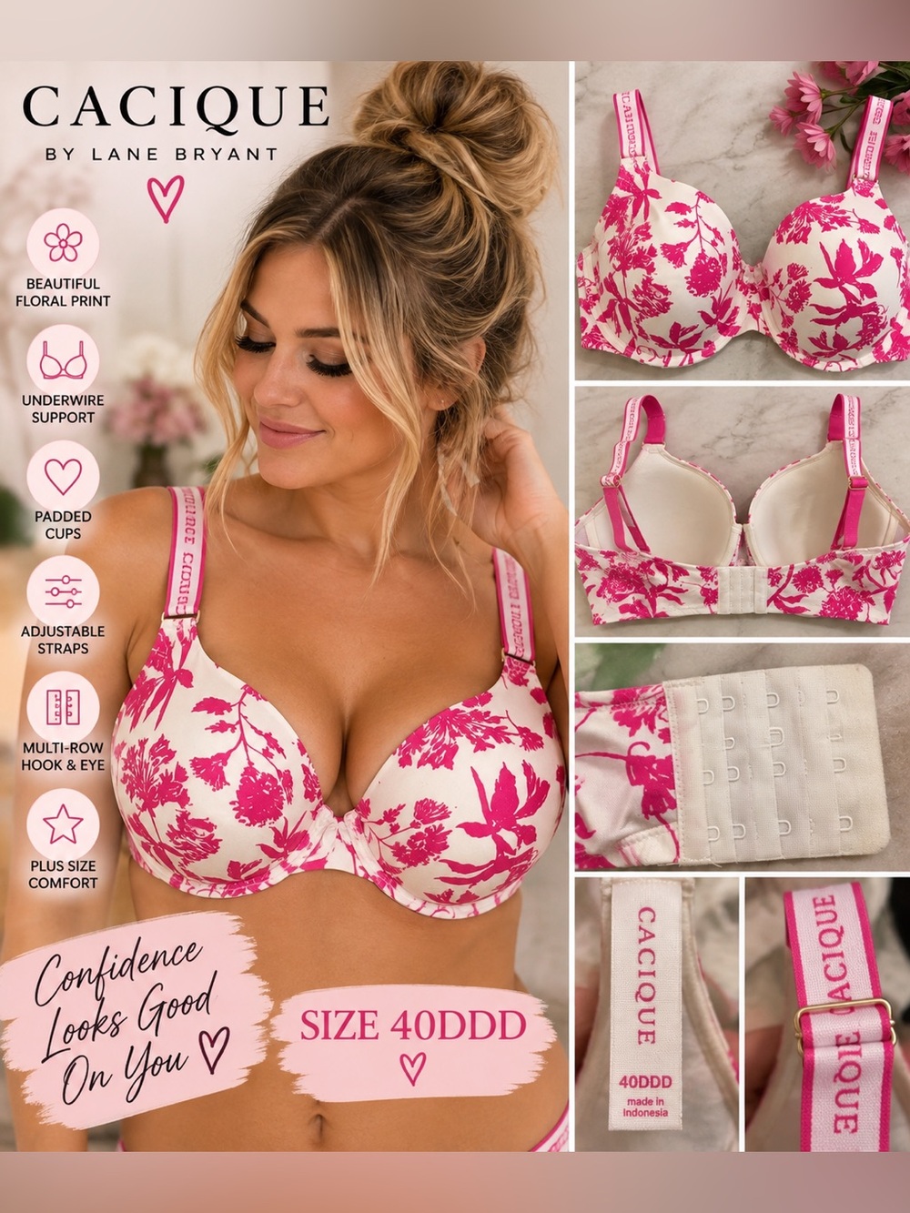 Cacique 40DDD Pink Floral Underwire Padded Bra Plus Size